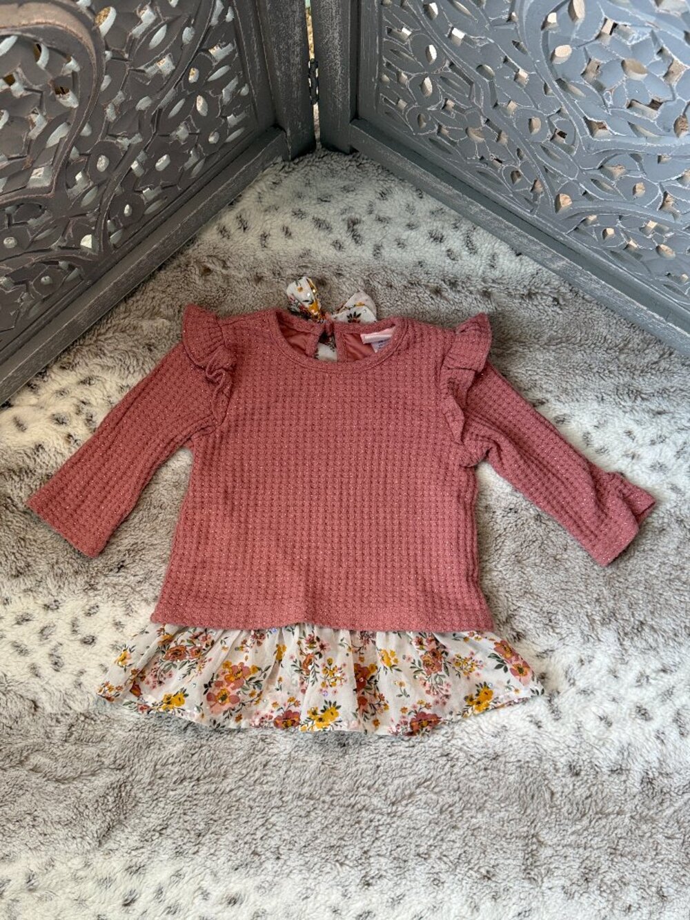 Little Lass sparkly mauve peplum top with floral skirt baby girls 18 months